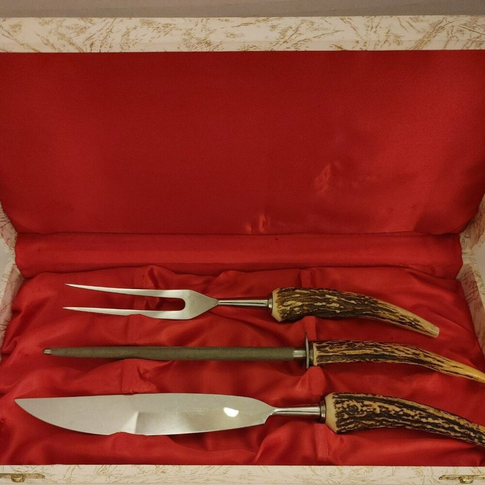 Vintage Anton Wingen Jr. Solingen Germany Rostfrei Stag Handle Carving Set. E3